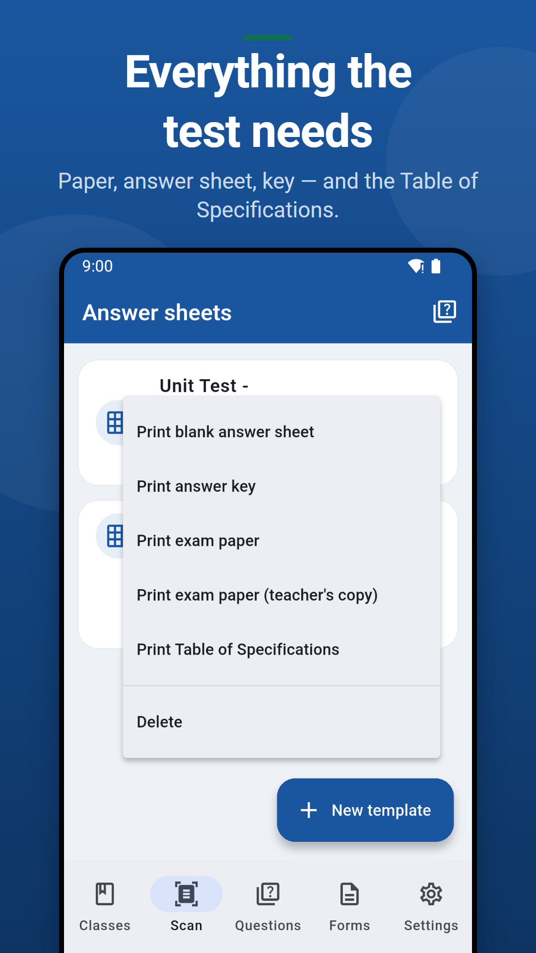 Print the paper, the answer sheet, the key and the Table of Specifications